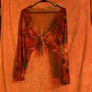 SHEIN ICON Split Sleeve Tie Front Asymmetrical Graphic print mesh top